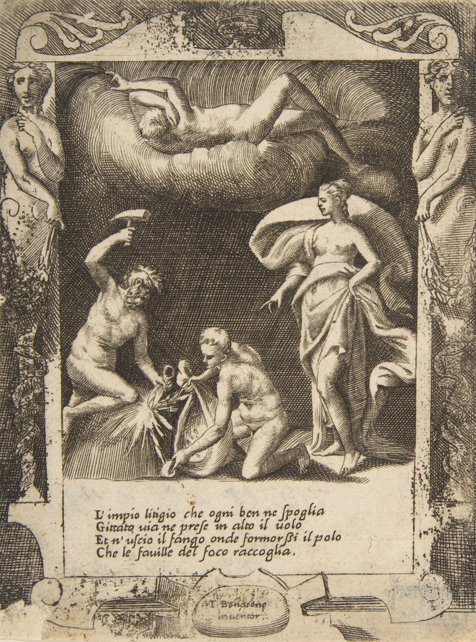 Litigium avlägsnat från kaos kropp medan hans mor kastas upp i luften, satt med..., 1531-76. av Giulio Bonasone