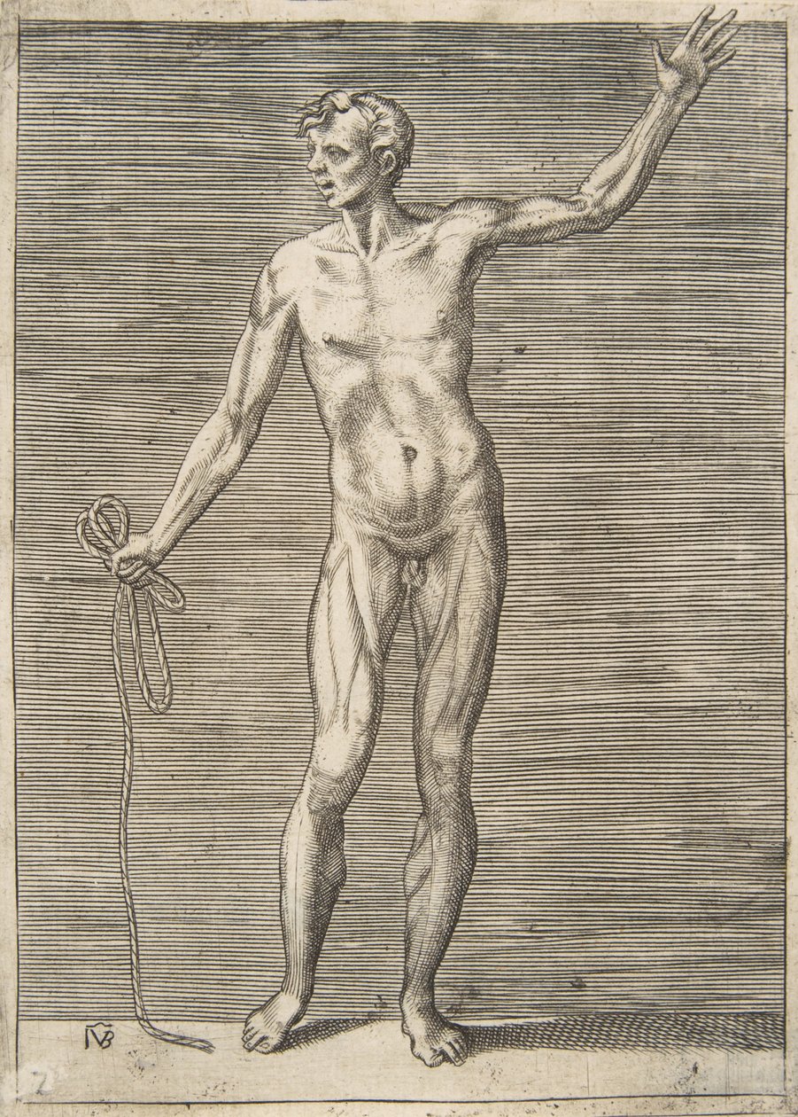 Man sedd framifrån, håller ett rep i sin högra hand, 1500-talet. av Giulio Bonasone