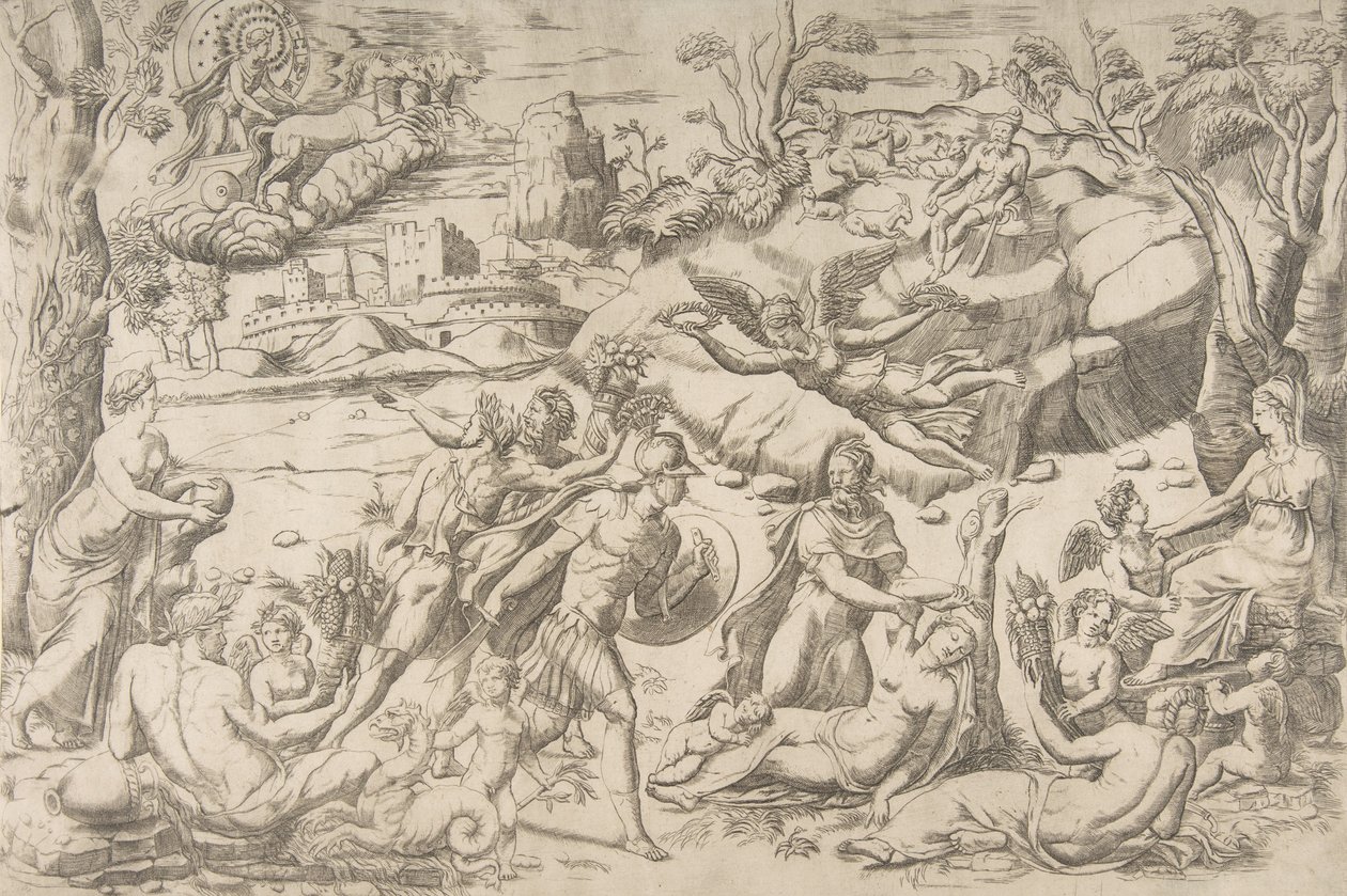 Mars och Rhea Silvia: i mitten håller Mars en sköld och svärd, Rhea Silvia sover..., ca 1531-76. av Giulio Bonasone