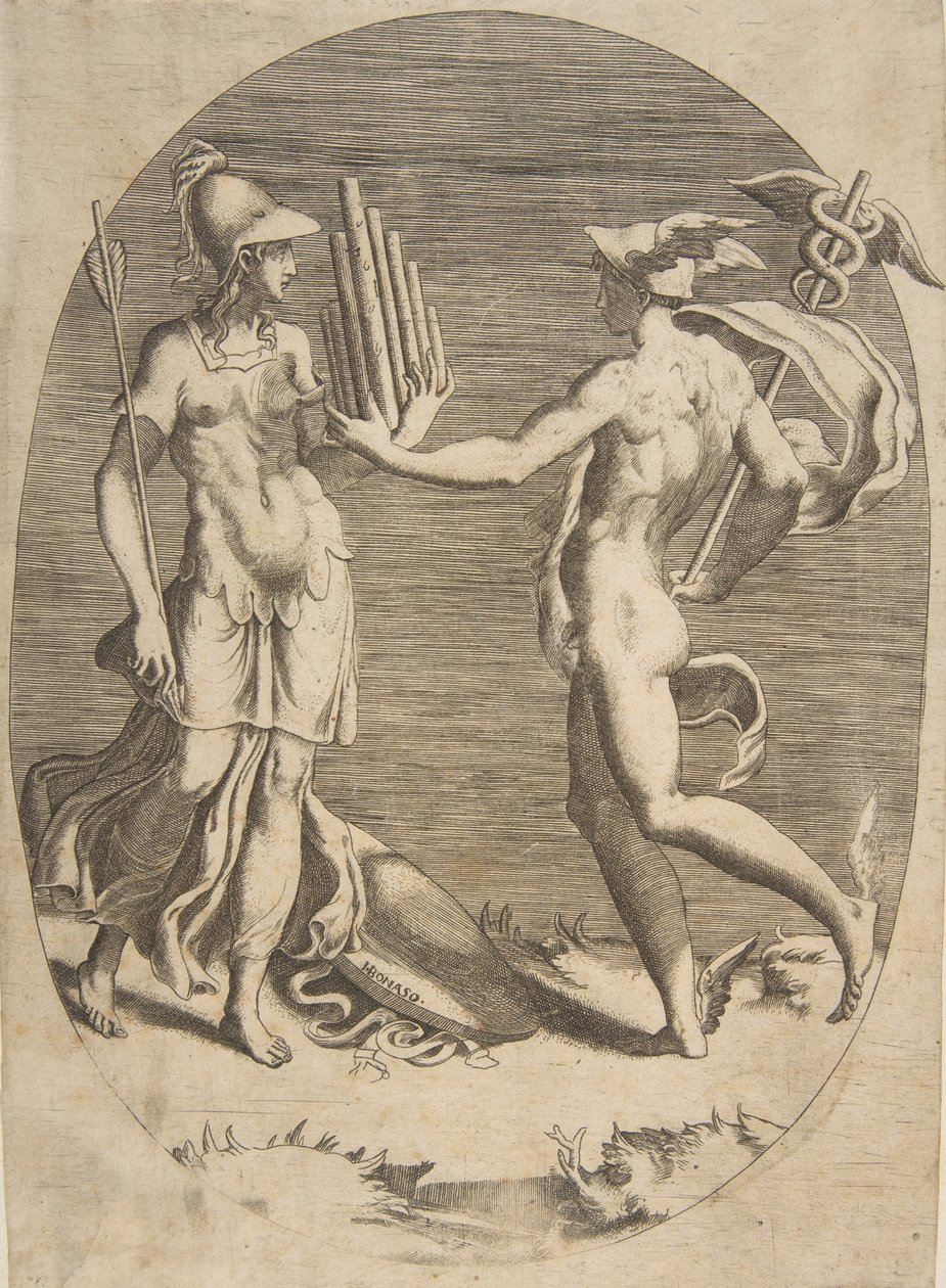 Merkurius presenterar en pannpipa för Minerva som står till vänster, en oval sammansättning, 1531-76. av Giulio Bonasone