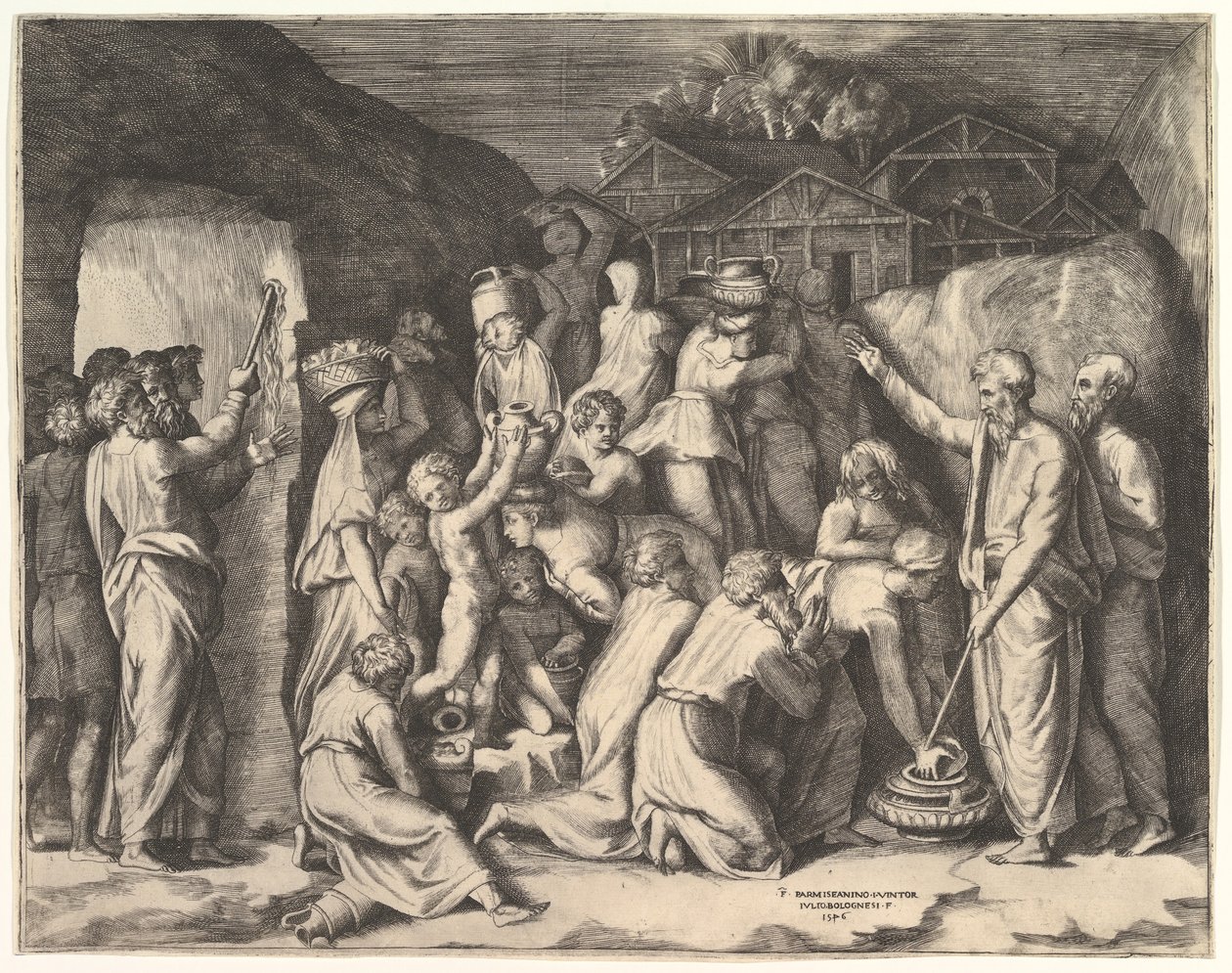 Moses säger åt israeliterna att samla manna och Moses slår klippan. av Giulio Bonasone