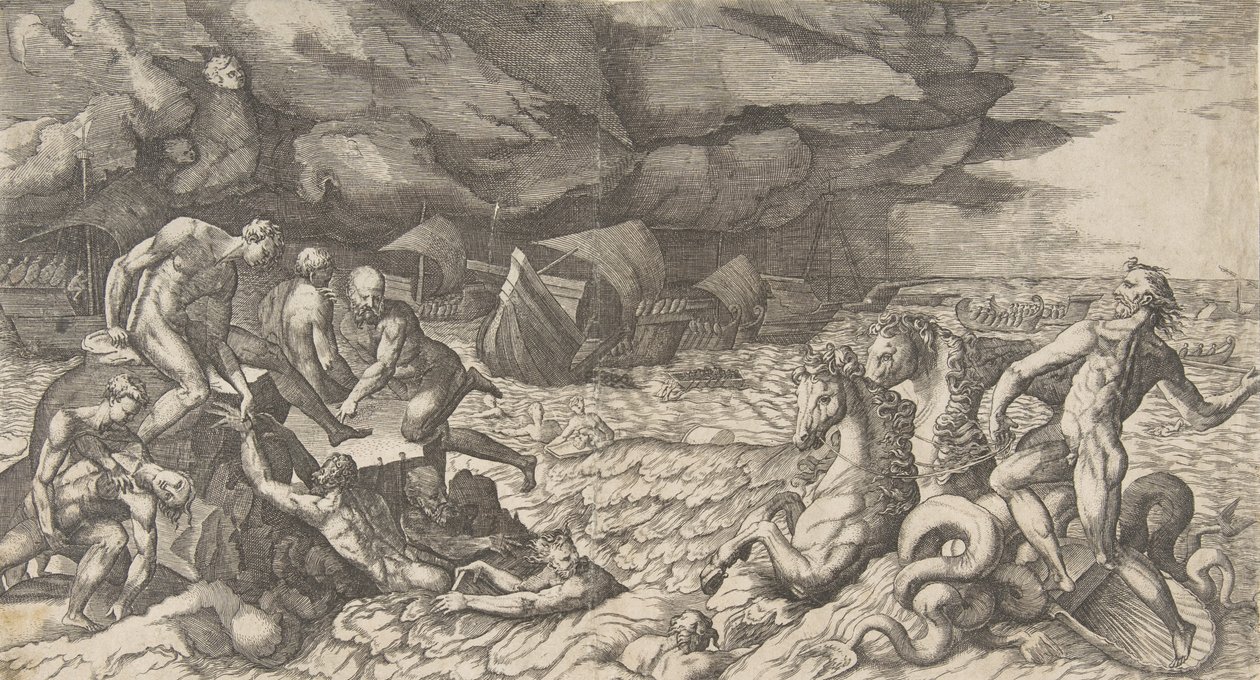 Neptunus lugnar stormen Aeolus reste mot Aeneas flotta, 1531-76. av Giulio Bonasone