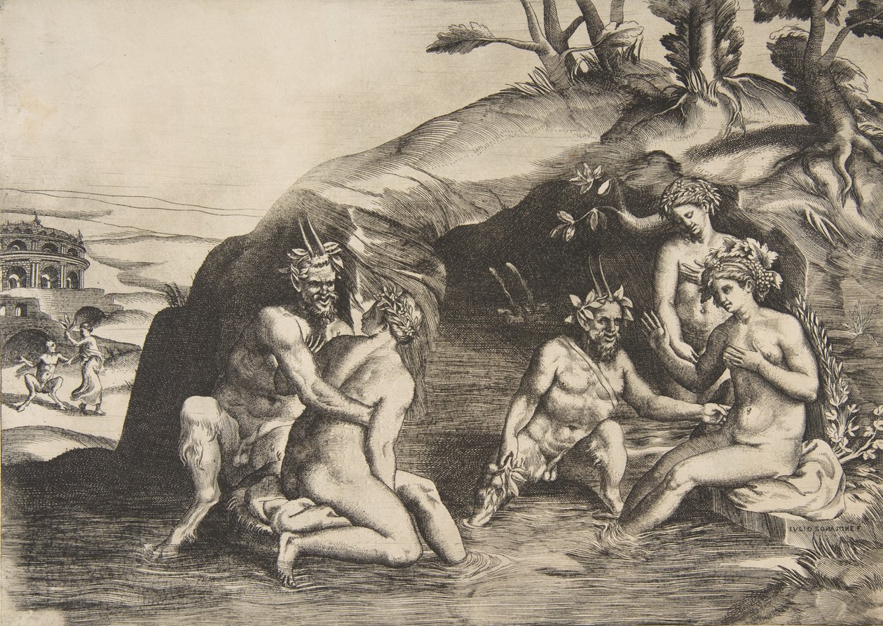 Badande av nymfer och satyrer, 1531-76. av Giulio Bonasone