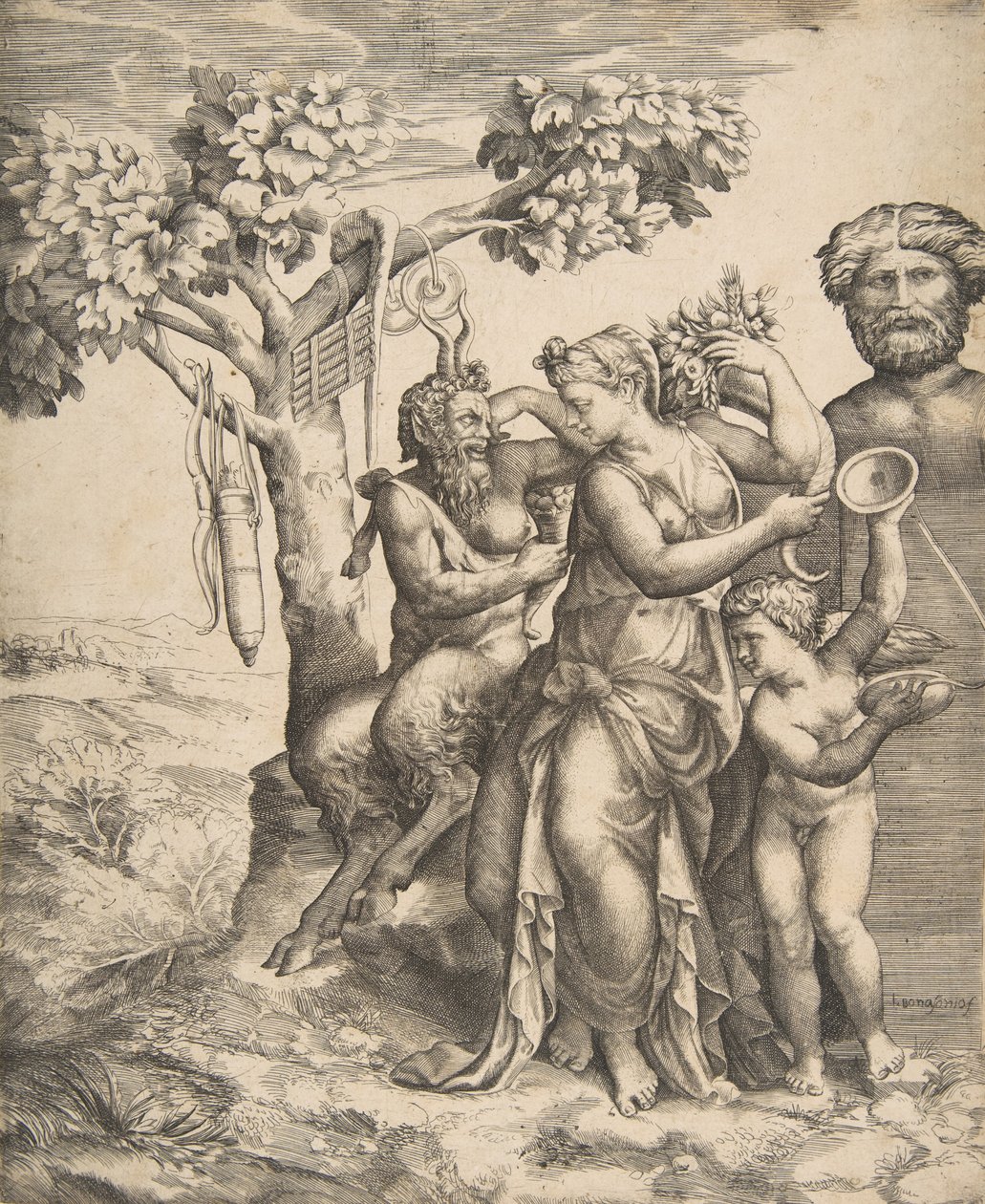 Pan till vänster sittande bredvid en stående nymf, till höger Amor med cymbaler, 1531-76. av Giulio Bonasone