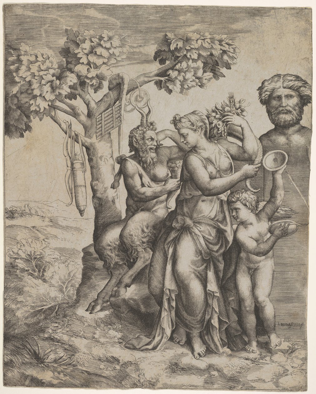 Pan sitter nära en kvinnlig figur som håller ett ymnighetshorn en nymf eller Pomona, till höger ..., ca. 1550-60. av Giulio Bonasone