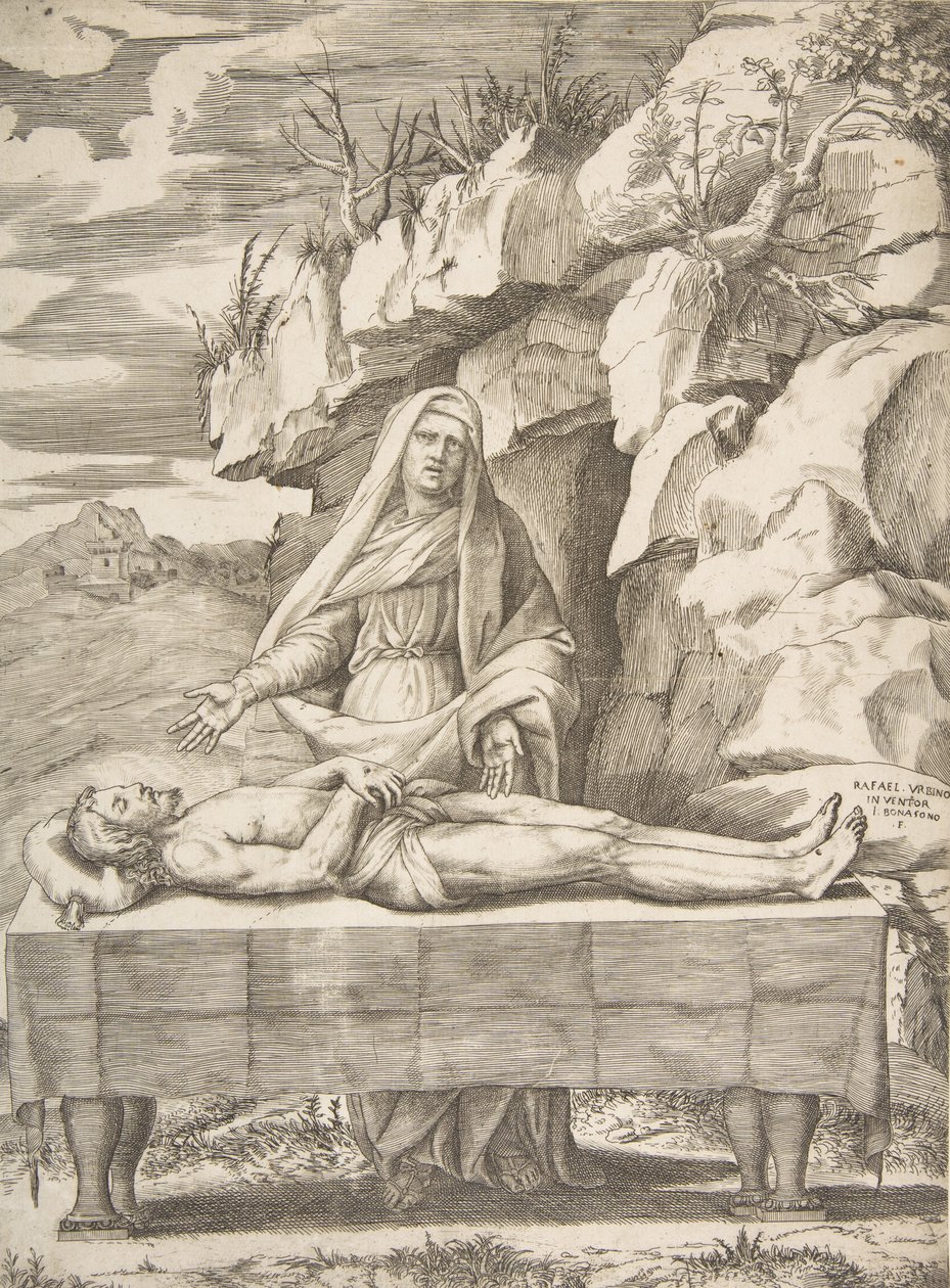 Pieta, Kristus utsträckt på ett bord i ett landskap, Jungfrun stående bakom vapen ..., 1531-76. av Giulio Bonasone