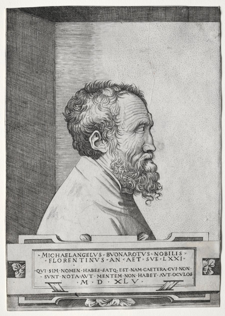 Porträtt av Michelangelo i profil vänd åt höger av Giulio Bonasone
