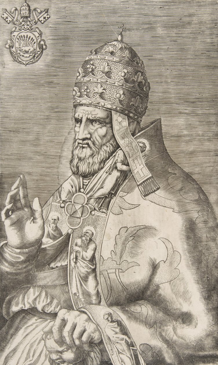 Porträtt av påven Marcellus II, höger hand upphöjd mot vänster, ca. 1555. av Giulio Bonasone