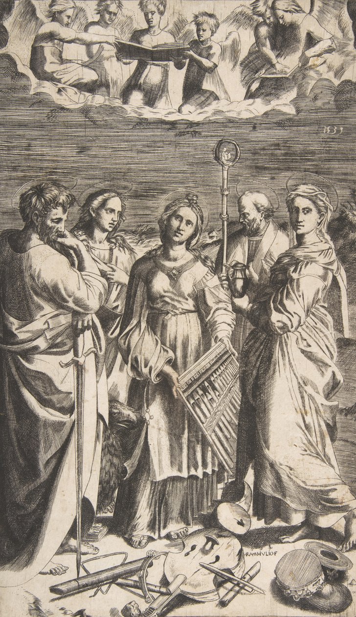 Sankta Cecilia står i centrum tillsammans med Sankt Paulus, Magdalena, Sankt Johannes ..., 1531. av Giulio Bonasone