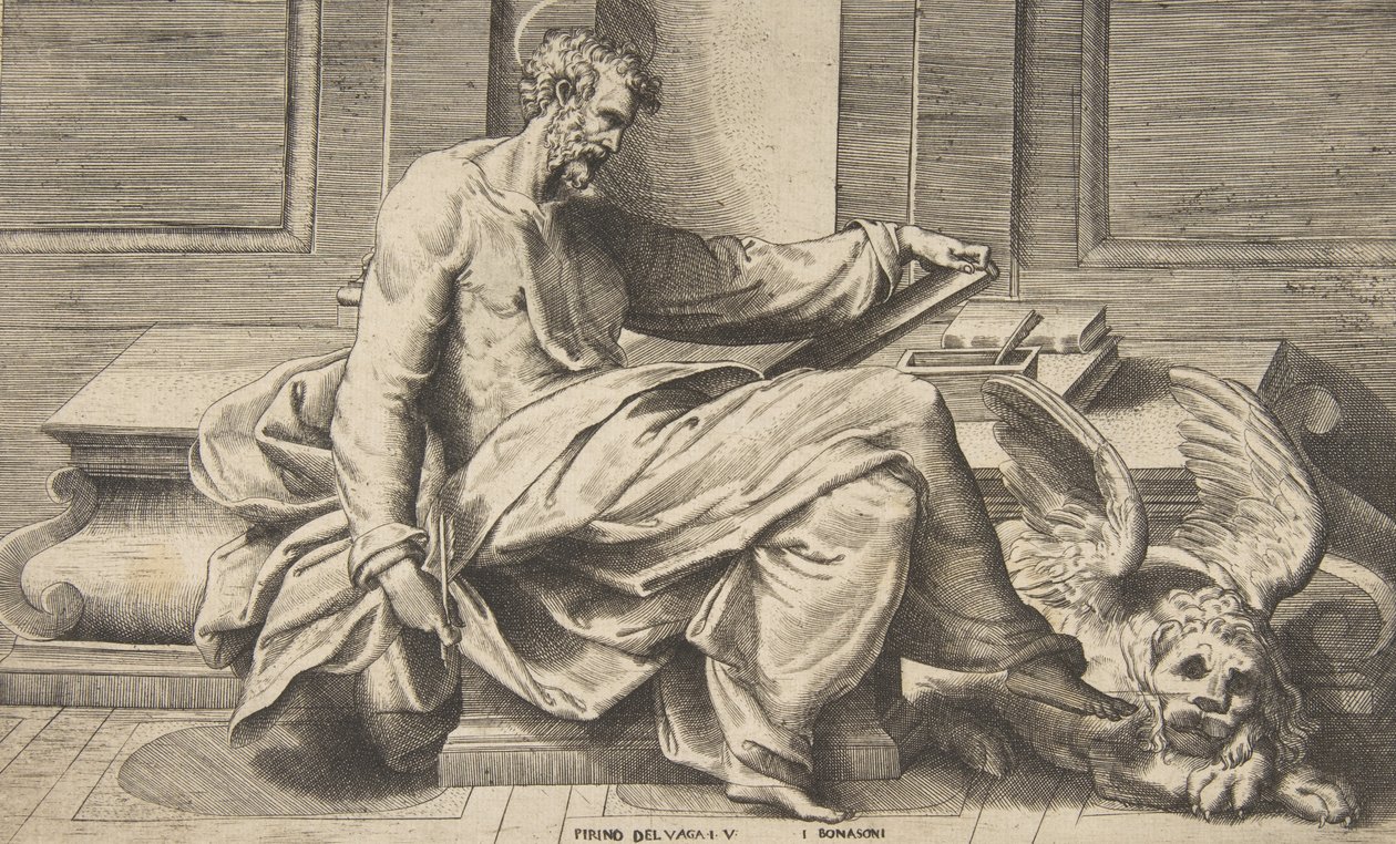 Sankt Markus skriver sitt evangelium, ett bevingat lejon till höger, 1531-76. av Giulio Bonasone