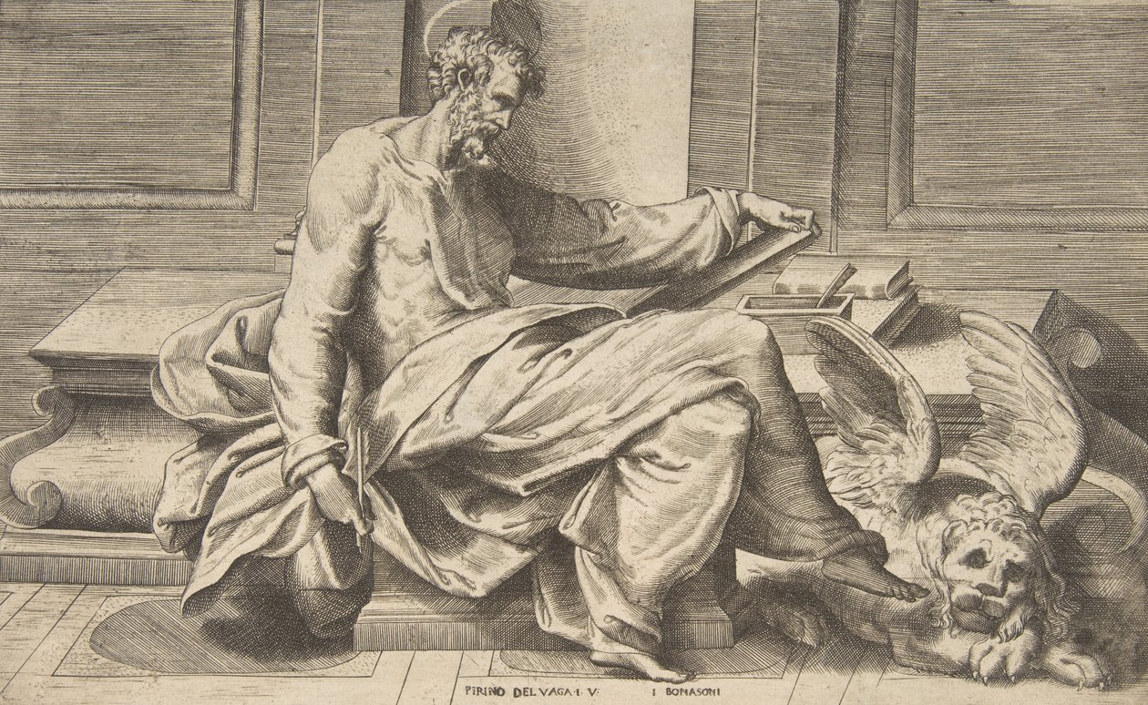 Sankt Markus skriver sitt evangelium, bevingat lejon till höger, 1531-76. av Giulio Bonasone