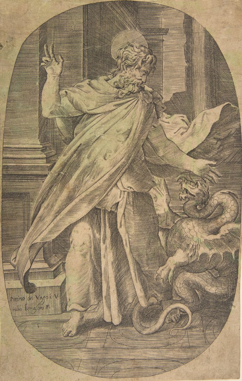 St Paul övervinner huggormen, i en arkitektonisk miljö, en oval komposition, ca. 1540-70. av Giulio Bonasone