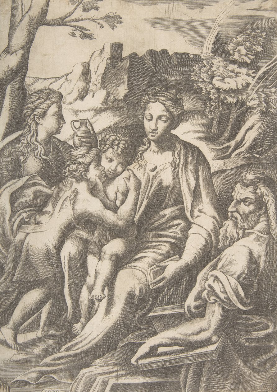 Den heliga familjen med Maria Magdalena och Johannes Döparen som omfamnar Kristus, 1543. av Giulio Bonasone