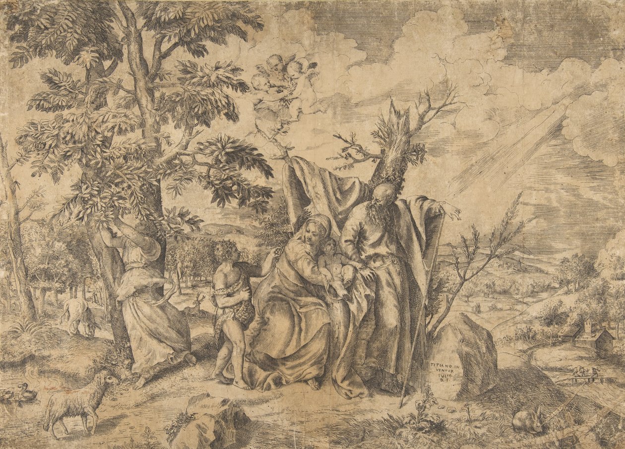 Vilan på flykten till Egypten, Josef till höger, Jungfrun håller Kristusbarnet i..., 1531-76. av Giulio Bonasone