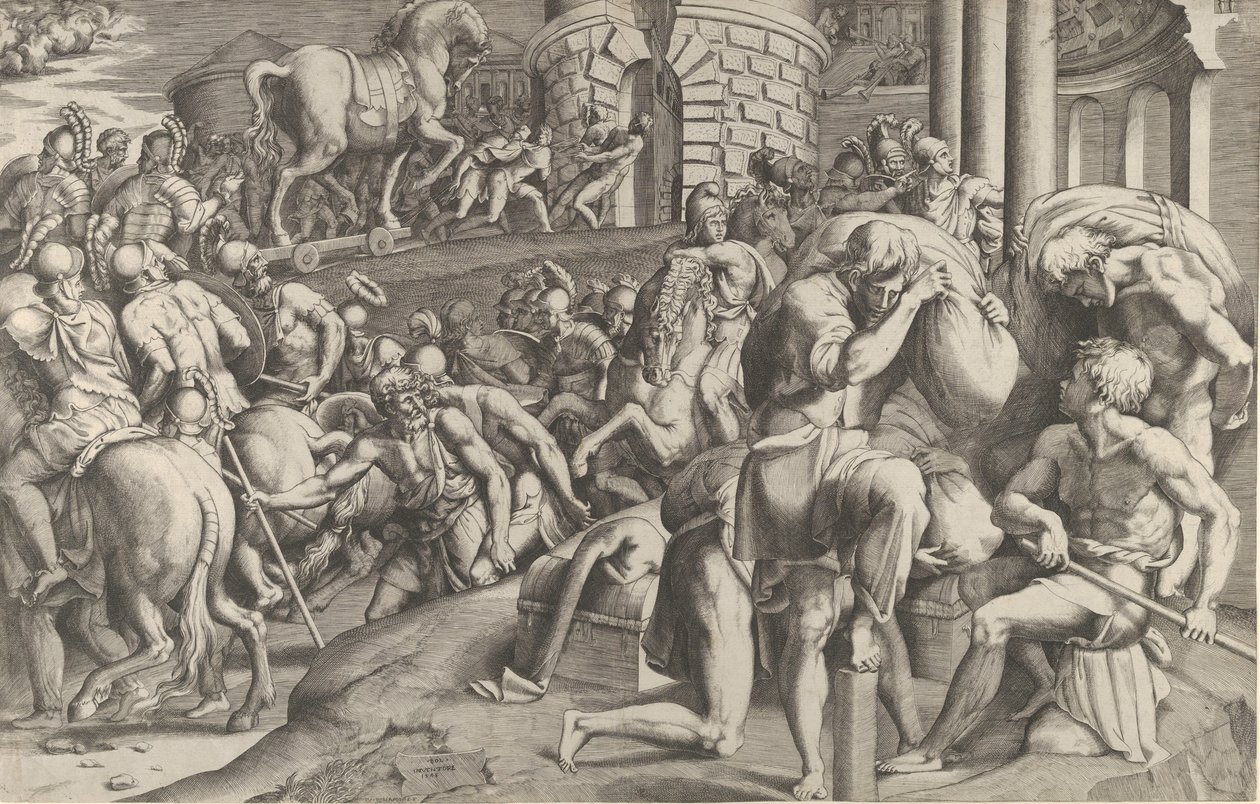 Trojanerna drar in trähästen till Troja, 1545. av Giulio Bonasone