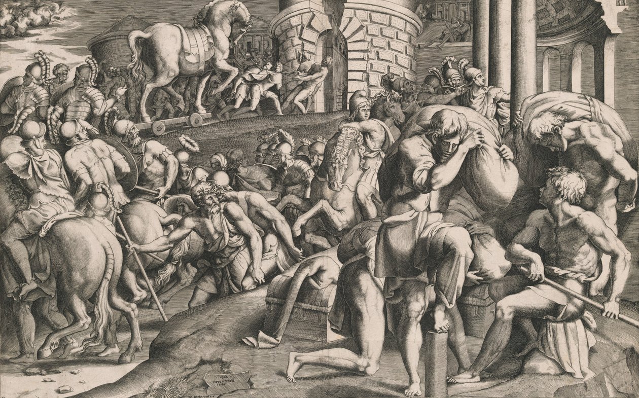 Trojanerna drar trähästen in i staden, 1545. av Giulio Bonasone
