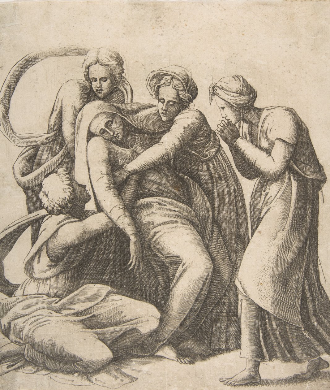 Jungfrun svimmar och får stöd i de heliga kvinnornas armar, 1531-76. av Giulio Bonasone