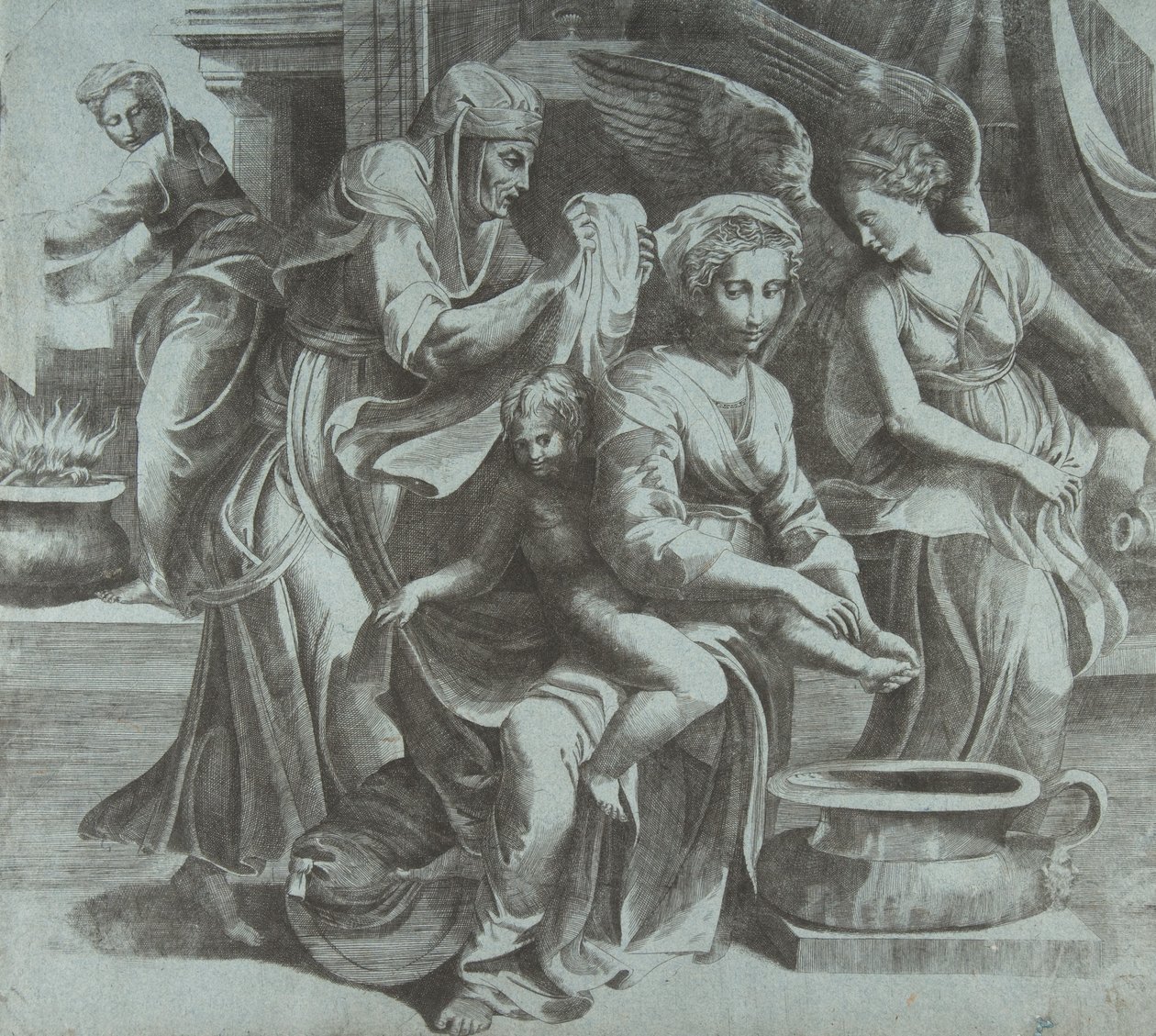 Jungfrun tvättar Kristusbarnet åtföljd av figurer och en ängel till höger, ..., ca. 1550-60. av Giulio Bonasone