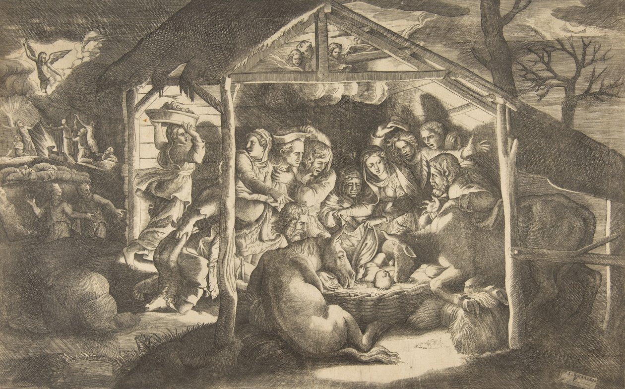 Tillbedjan av herdarna, olika gestalter som omger Kristusbarnet i år..., 1531-76. av Giulio Bonasone