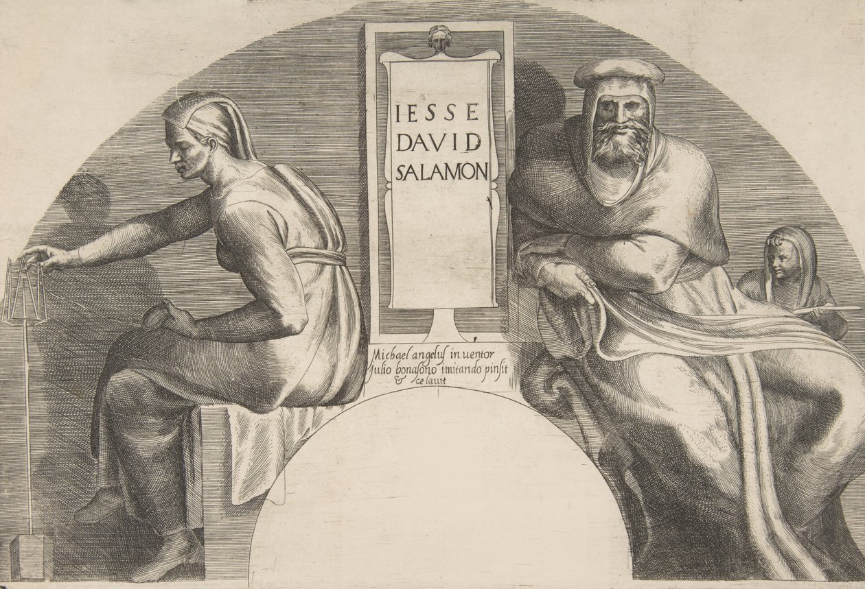 Kristi förfäder flankerande en inskriven tavla, en välvd toppkomposition, 1531-76. av Giulio Bonasone