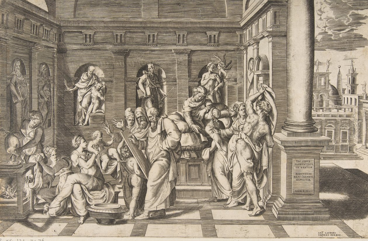 Johannes Döparens födelse i en klassisk byggnad, ca 1531-76 av Giulio Bonasone