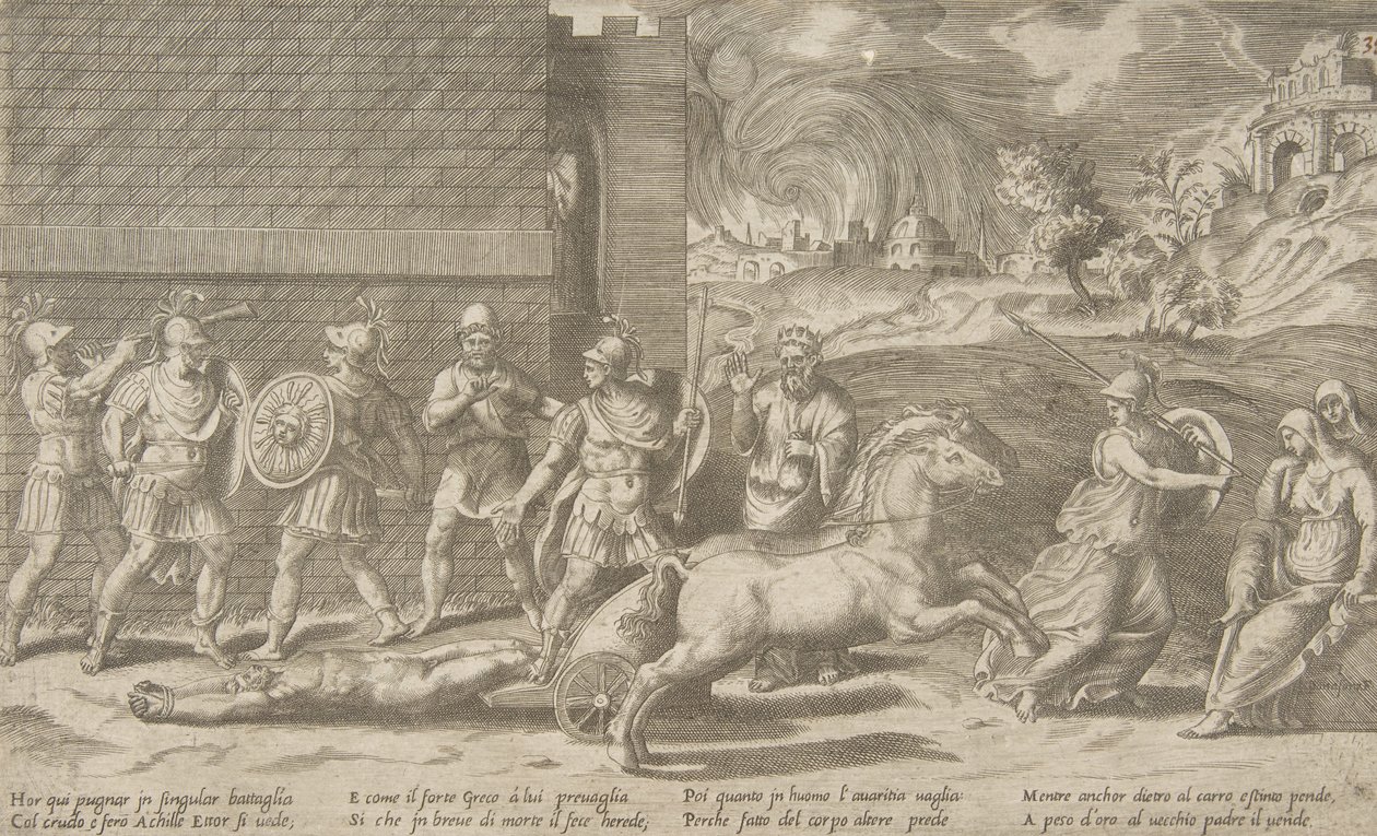 Striden mellan Hector och Achilles, och Achilles som släpar Hectors kropp runt ..., 1531-76. av Giulio Bonasone