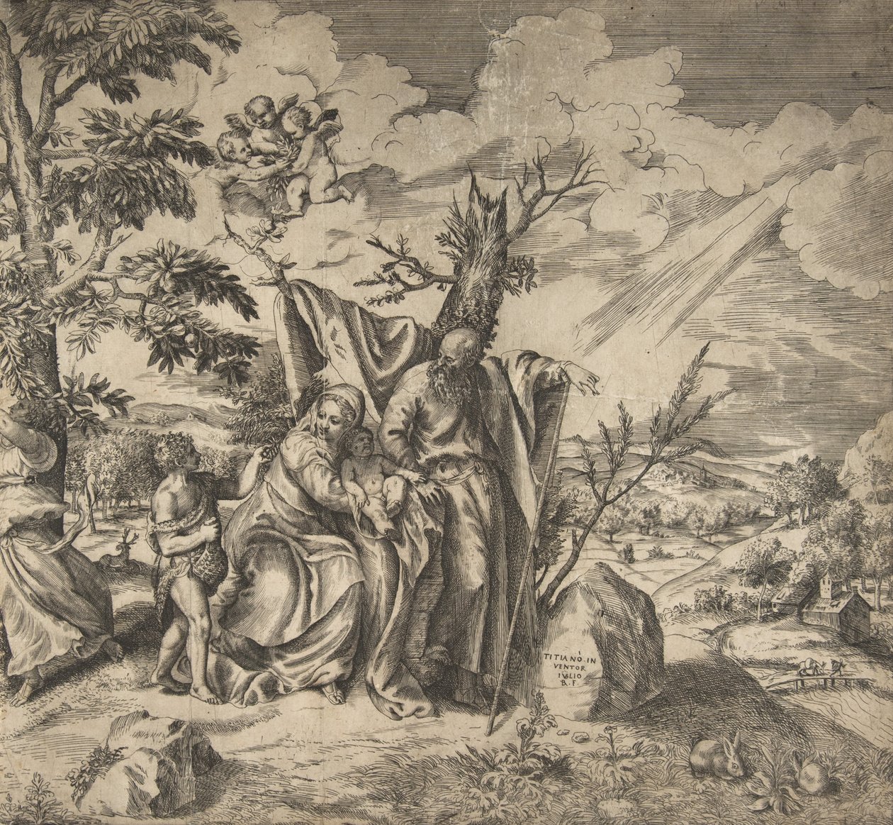 Resten av den heliga familjen på deras flykt till Egypten, 1531-76. av Giulio Bonasone