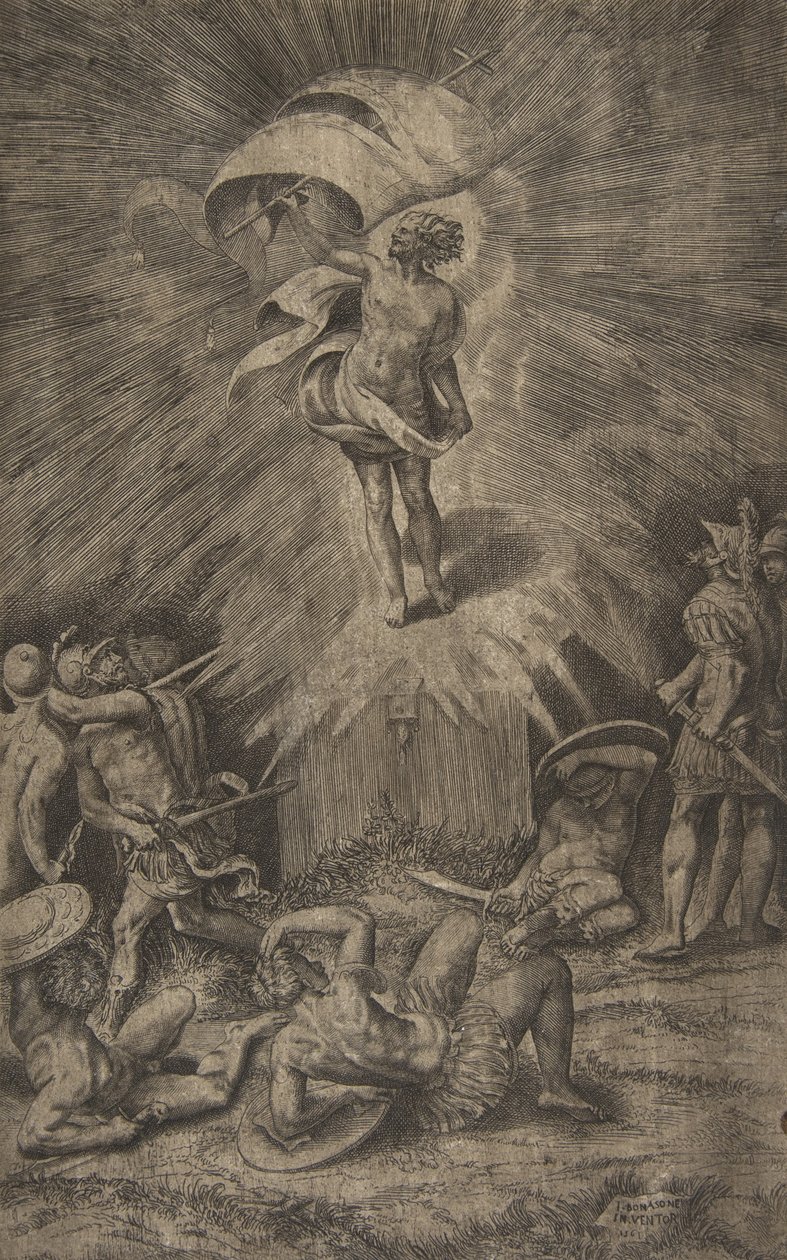 Kristi uppståndelse, med en banderoll i sin högra hand, soldater som omger t..., 1561. av Giulio Bonasone