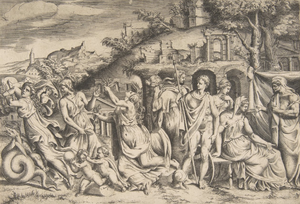 Berättelsen om Jason och Medea till vänster bär hon av sin son, i mitten är hon ..., 1531-76. av Giulio Bonasone