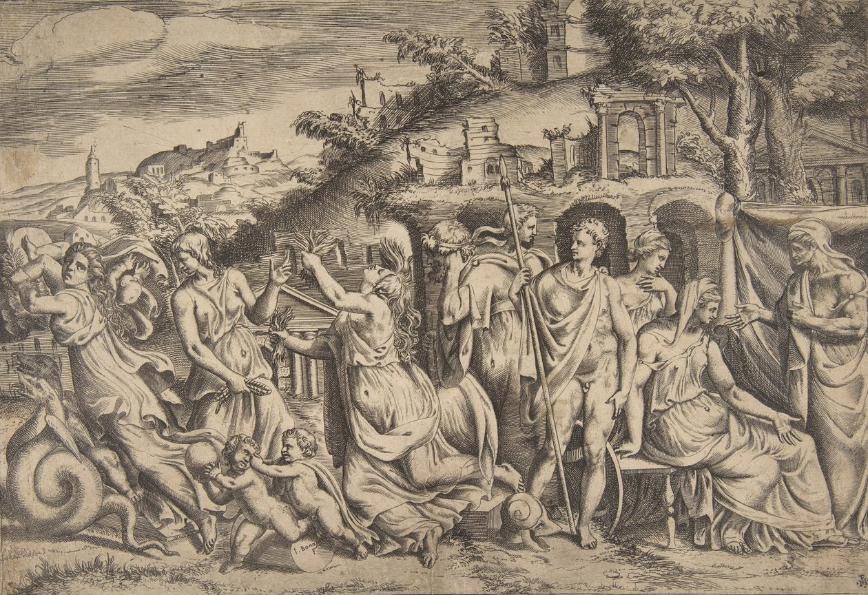 Berättelsen om Jason och Medea till vänster bär hon av sin son, i mitten är hon ..., 1531-76. av Giulio Bonasone