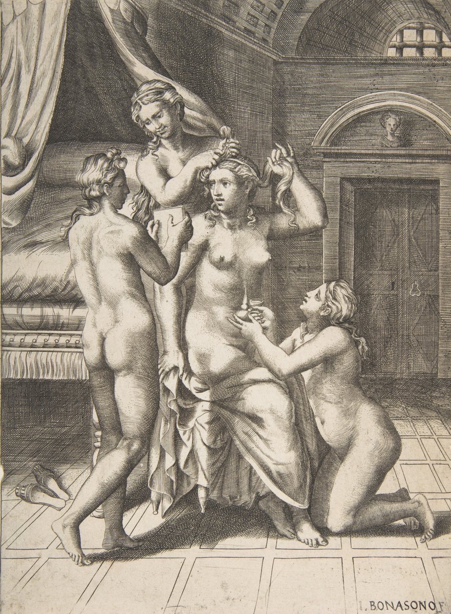 Toaletten av Psyche som sitter i centrum som sköts, 1531-76. av Giulio Bonasone