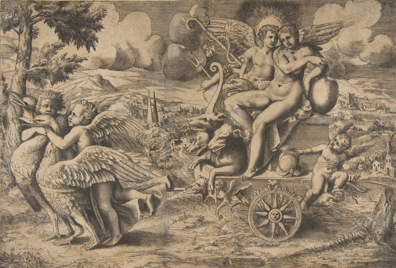 Amors och Psyches triumf som sitter på en vagn dragen av två fåglar vilar..., ca. 1550-67. av Giulio Bonasone
