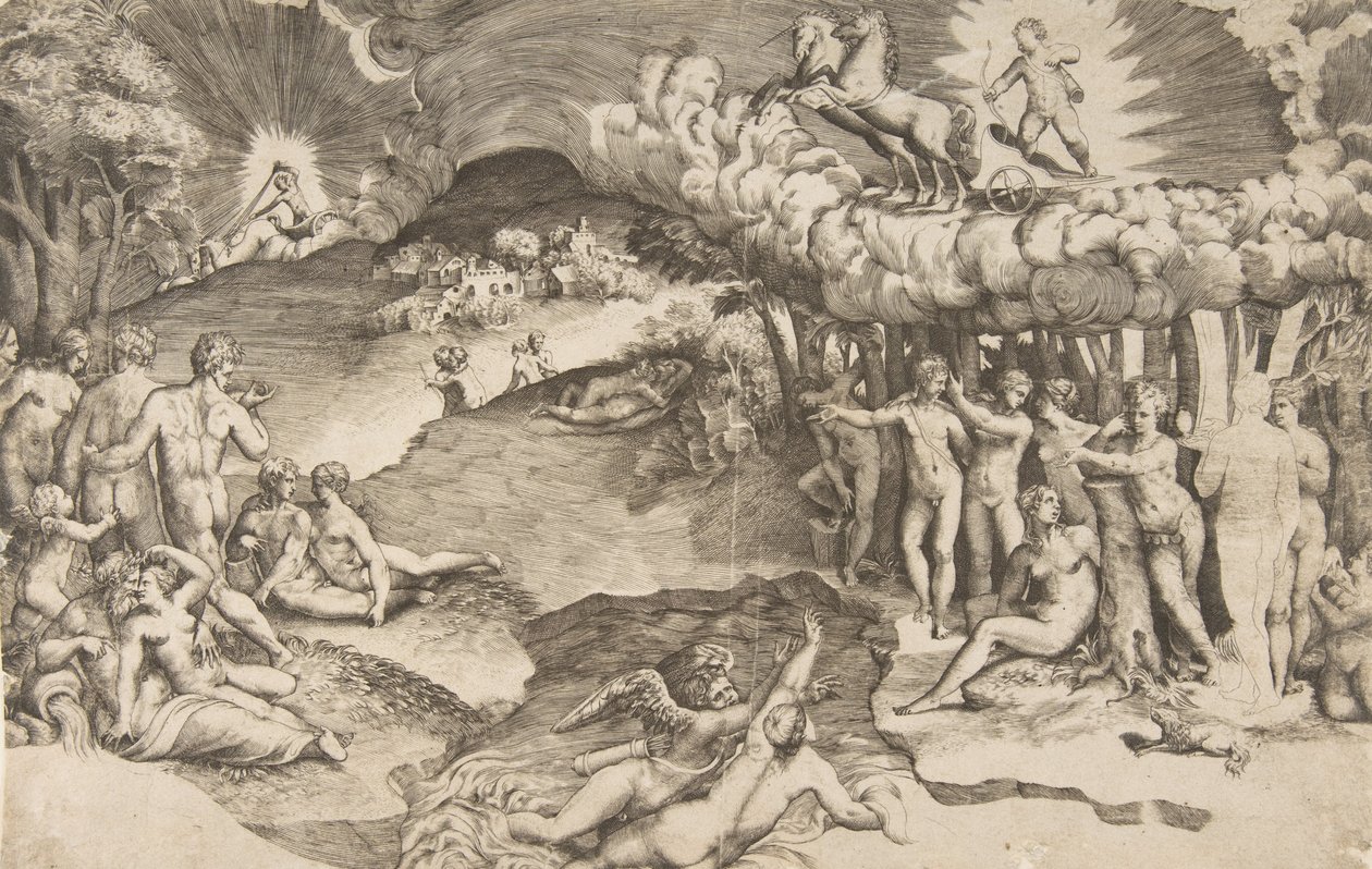 Kärlekens triumf, cupid som åker på en vagn dragen av enhörning är uppe till höger, naken ..., 1545. av Giulio Bonasone