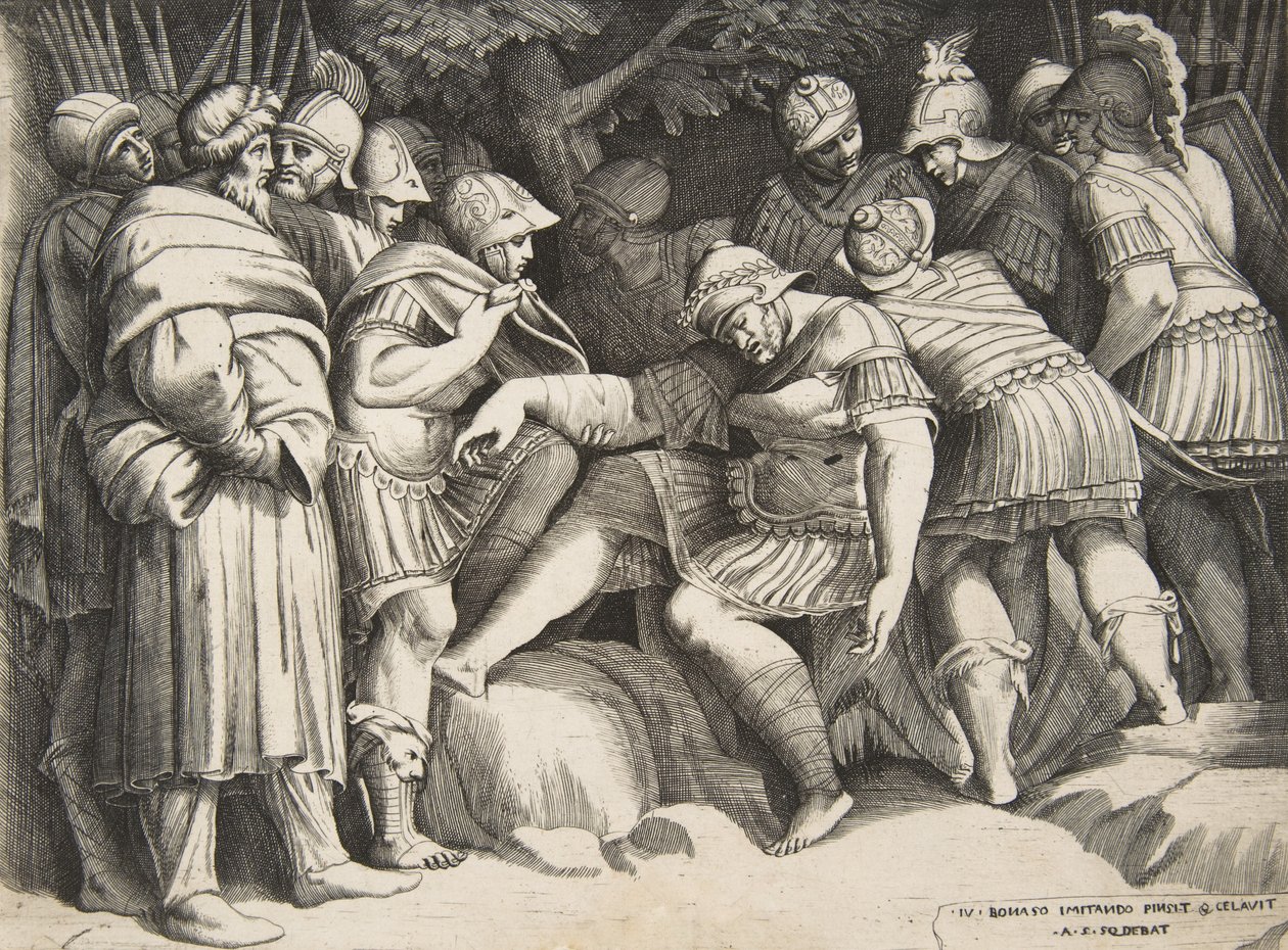 Den sårade soldaten Scipio i centrum omgiven av figurer, 1531-76. av Giulio Bonasone