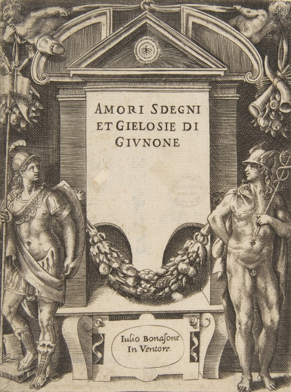 Titelskylt till serien "Loves, Rages and Jealousies of Juno", 1531-76. av Giulio Bonasone