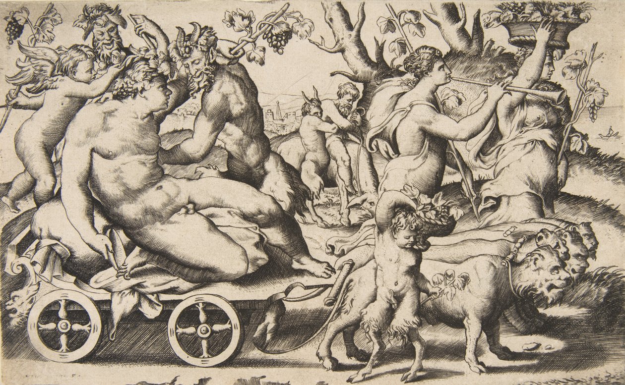 Triumf av Bacchus som sitter på en vagn till vänster, 1531-76. av Giulio Bonasone
