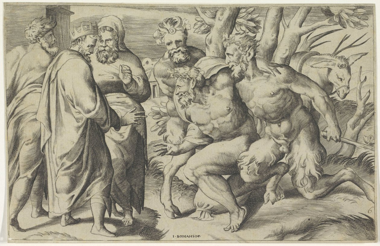 Två satyrer för Silenus till kung Midas av Giulio Bonasone