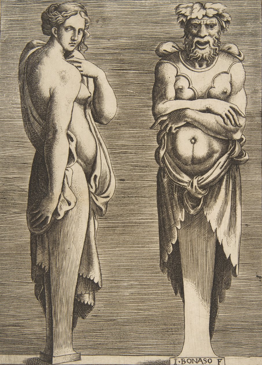 Två termer, en nymf till vänster Silvanus till höger, ca. 1530-50. av Giulio Bonasone
