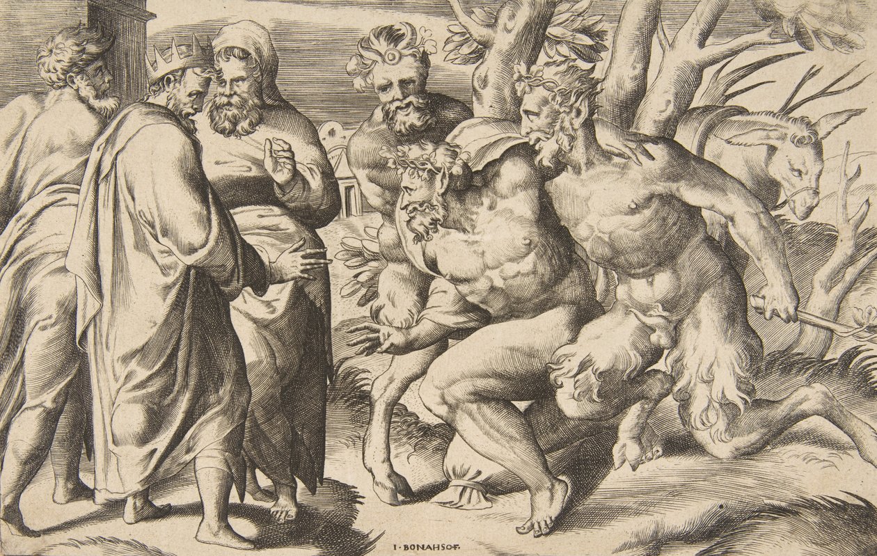 Två satyrer med Silenus kung Midas stående till vänster, 1531-76. av Giulio Bonasone