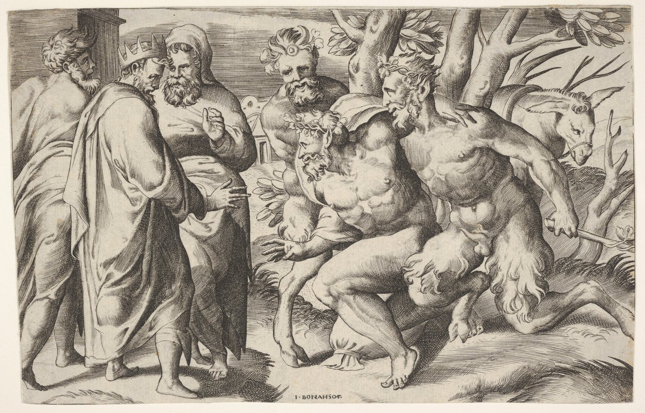 Två satyrer som leder Silenus till kung Midas, som står till vänster med två manliga skötare..., ca. 1550-80. av Giulio Bonasone