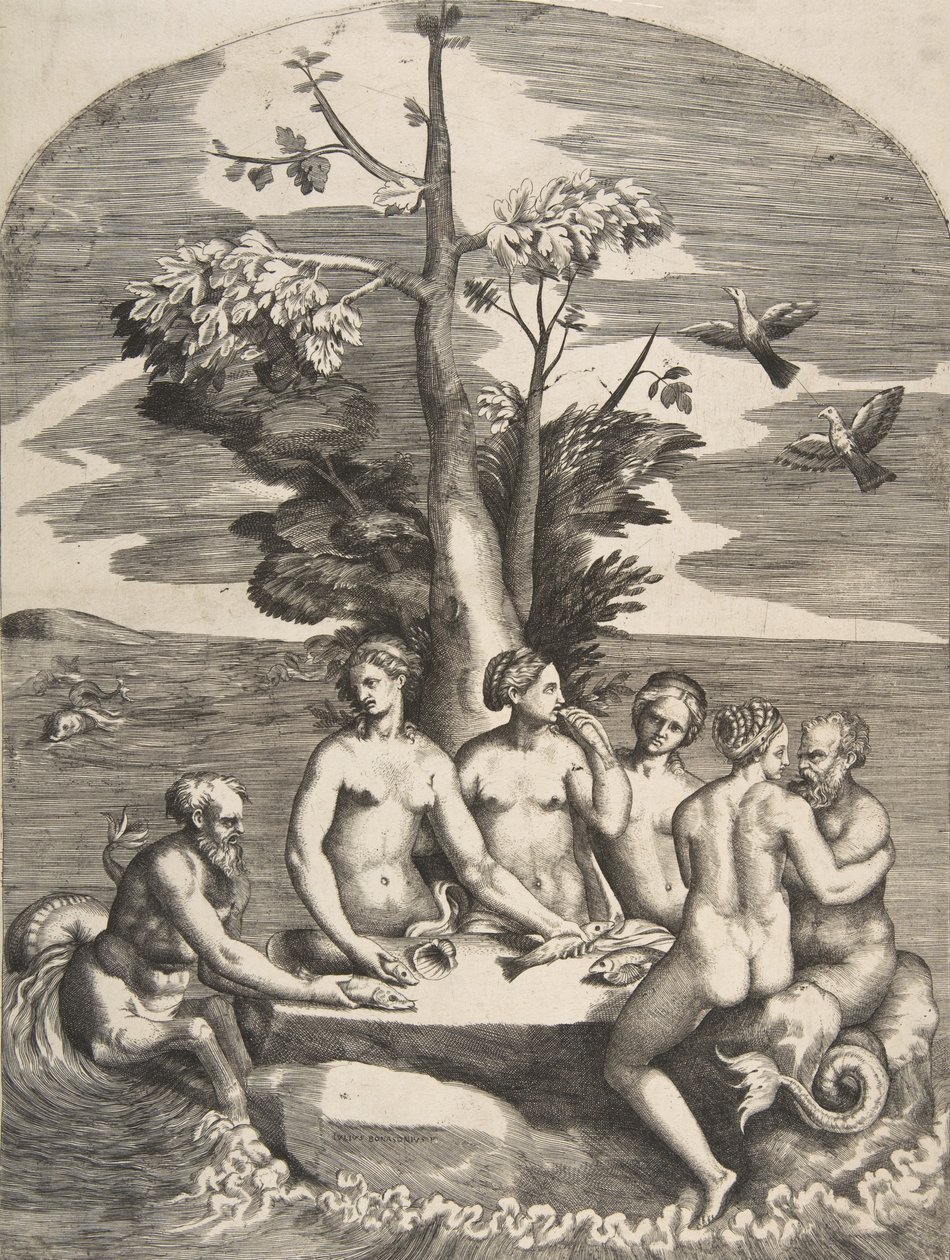 Två havsgudar åtföljda av fyra nymfer, 1531-76. av Giulio Bonasone