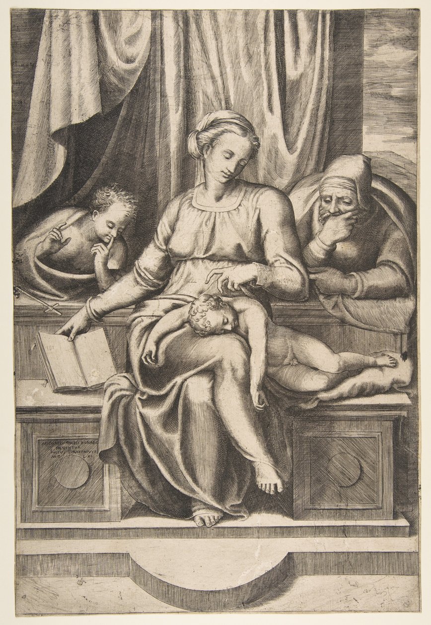 Jungfru och barn med de heliga Josef och Johannes Döparen av Giulio Bonasone