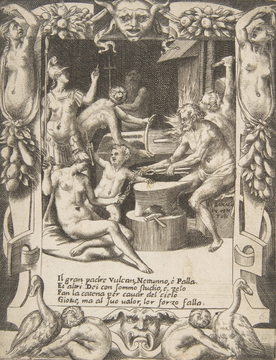Vulcan, Neptunus, Athena och andra gudar som skapade bojor för att dra Jupiter från himlen..., 1531-76. av Giulio Bonasone