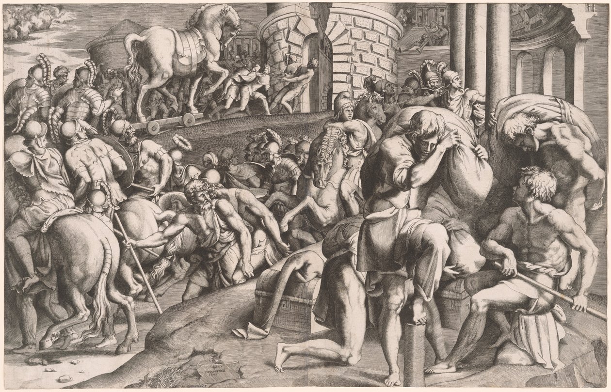 Trojanerna drar trähästen till Troja av Giulio Bonasone, after Francesco Primaticcio