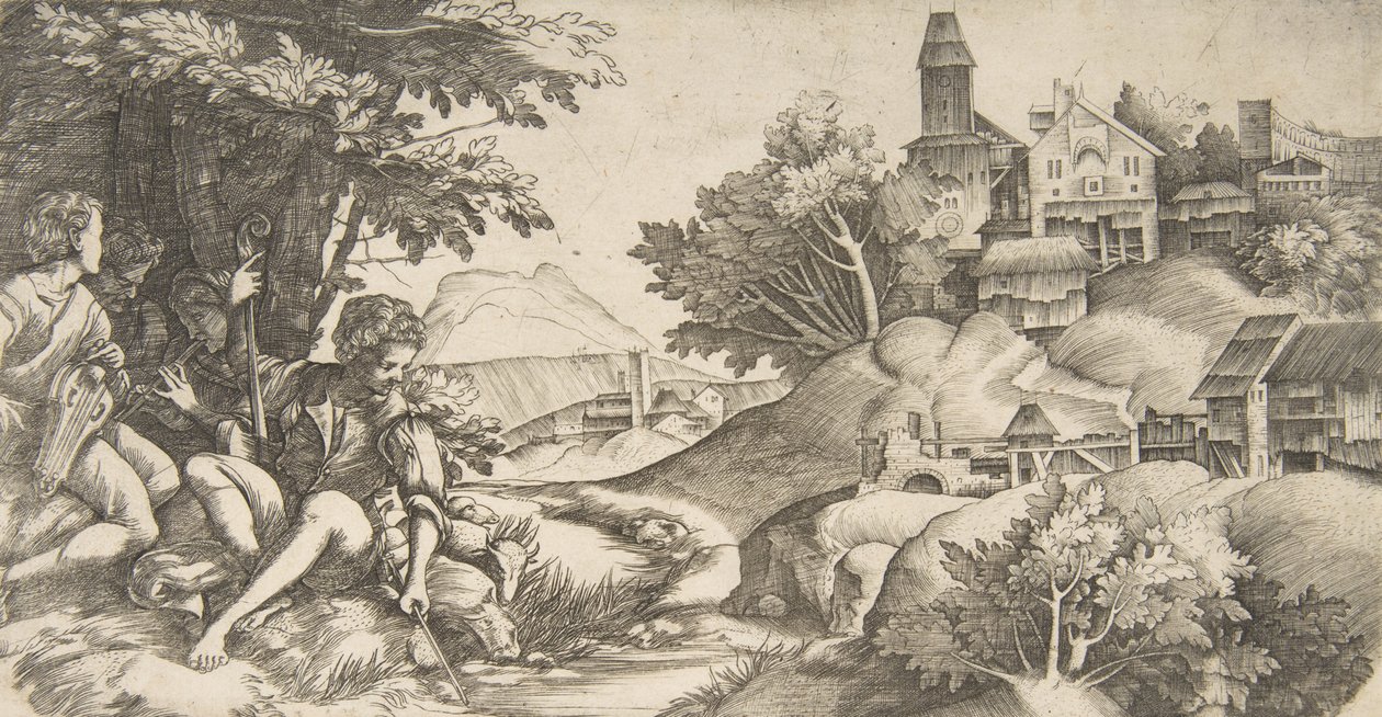 Till vänster fyra herdar med musikinstrument under en grupp träd..., ca. 1517 av Giulio Campagnola