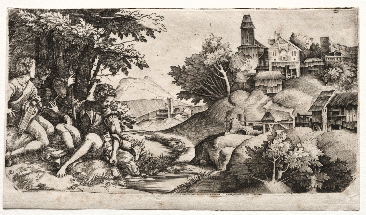 Herdar i ett landskap av Giulio Campagnola