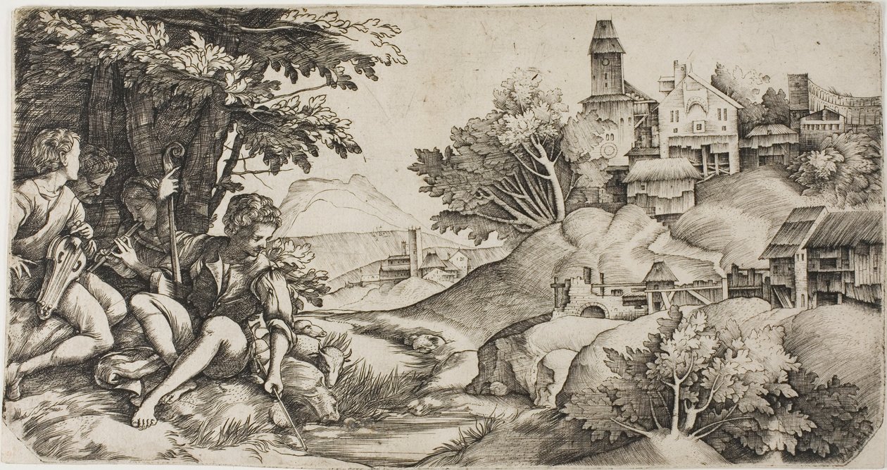 Herdar i ett landskap av Giulio Campagnola