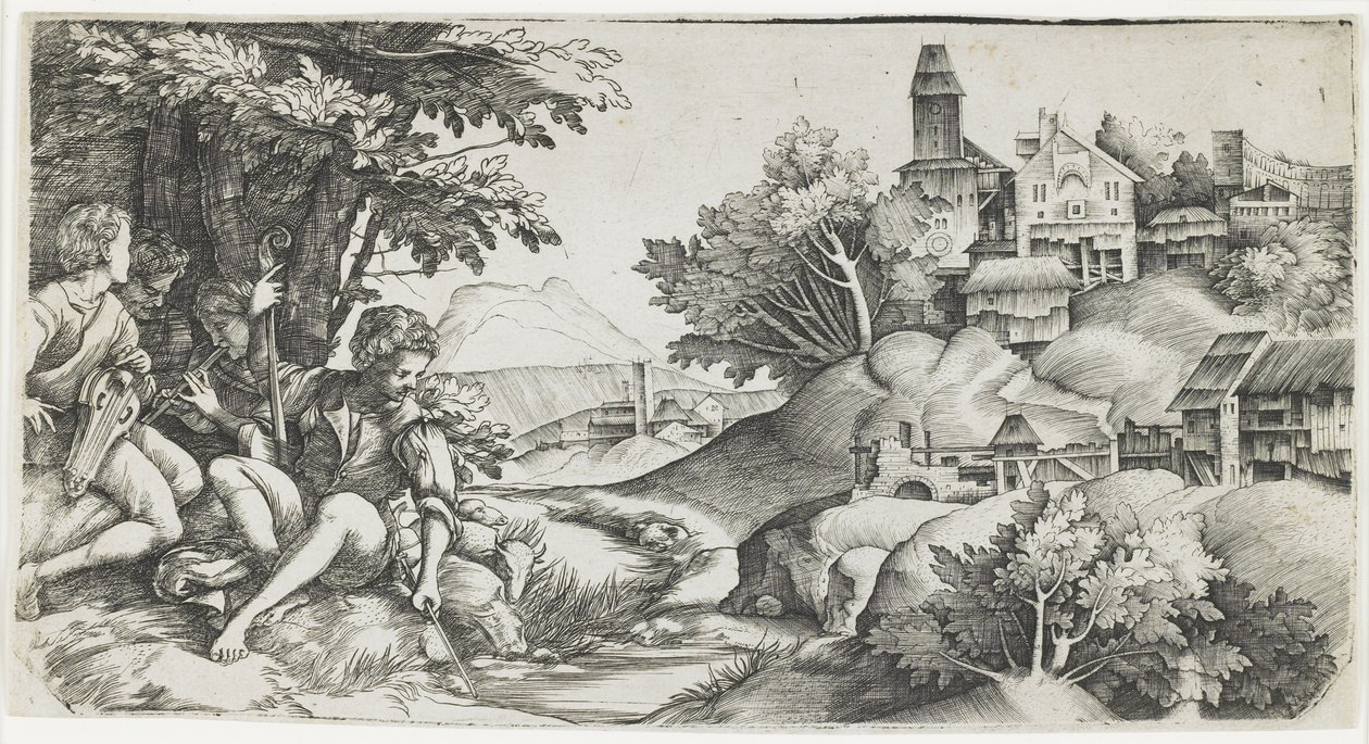 Herdar i ett landskap, ca. 1517-1518 av Giulio Campagnola