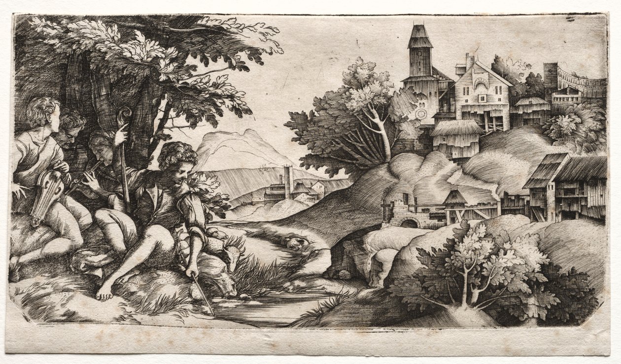 Herdar i ett landskap, ca. 1517. av Giulio Campagnola