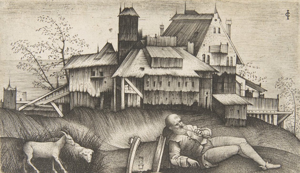 Den gamla herden ligger i ett landskap, byggnader bakom, en get och ett får till..., ca. 1500-1515. av Giulio Campagnola